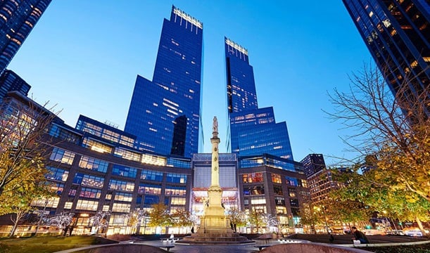 Columbus Circle fountain viewed during an Extended Manhattan Loop private chauffeur tour on Long Island