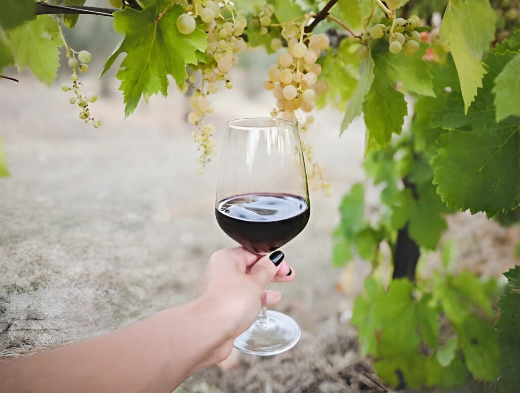 Half-full glass of red wine during a private chauffeur wine tasting tour in Long Island and the Hudson Valley