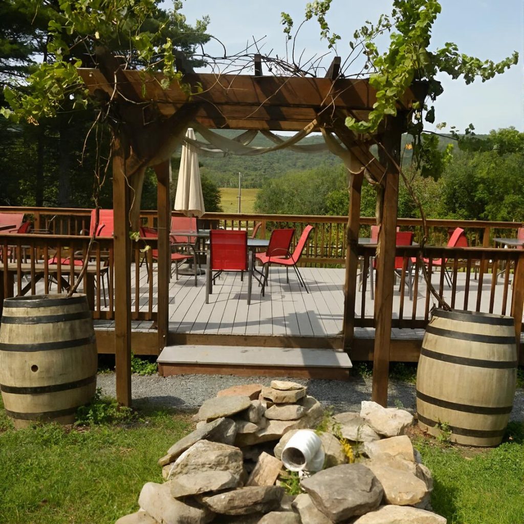 Outdoor deck with tables at Bashakill Vineyards & Winery in the Hudson Valley during a chauffeured wine tasting tour from Long Island.