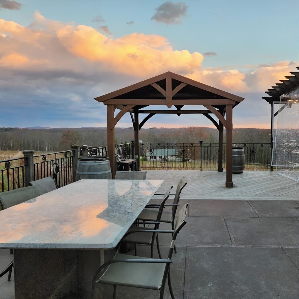 Outdoor deck at Robibero Winery in the Hudson Valley during a chauffeured wine tasting tour from Long Island.