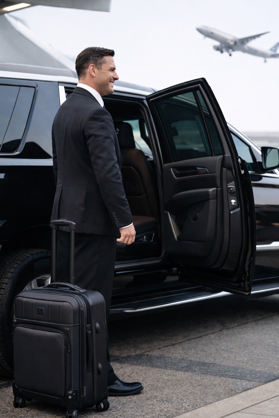 Long Island private chauffeur service driver assisting customer beside black luxury SUV during airport pickup